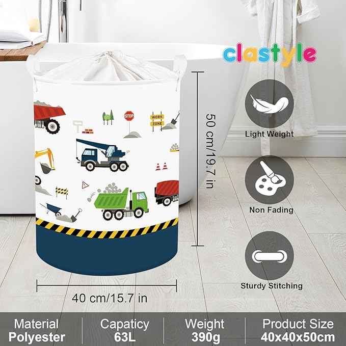 Clastyle Large Construction Truck Kid Laundry Hamper with Handle Boy Bedroom Bathroom Nursery Collapsible Clothes Toy Storage Basket with Lid, Blue Vehicle, 40x50 cm