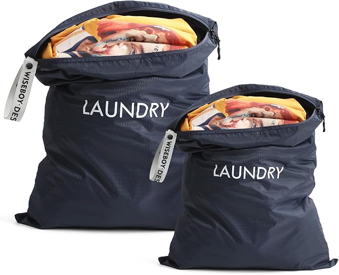WiseBoy 2 Pack Laundry Bags, Washable Wet Dry Bag, Travel Laundry Bag Dirty Clothes Organizer, Swimming Yoga Bathing Suit Workout Wet Dry Bag - Navy Blue