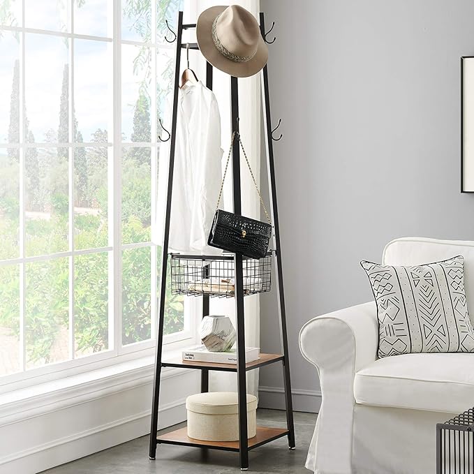 VECELO Industrial Coat Rack,Enterway Clothes Stand With 2 Tier Storage Shelves/Basket,Hall Trees with 8 Dual Hooks, Brown+Black