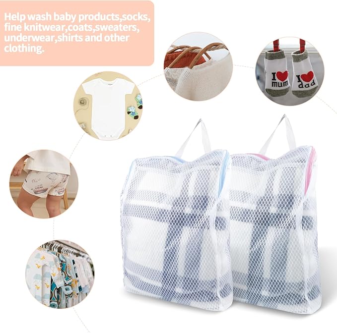 2 PCS Honeycomb Mesh Laundry Bag with Handle, 15.7 x 11.8 Inch Zippered Mesh Laundry Bag, Extra Large Opening, Side Widening, for Washing Socks, Baby Items, Lingerie, Travel Garments (Pink and Blue)