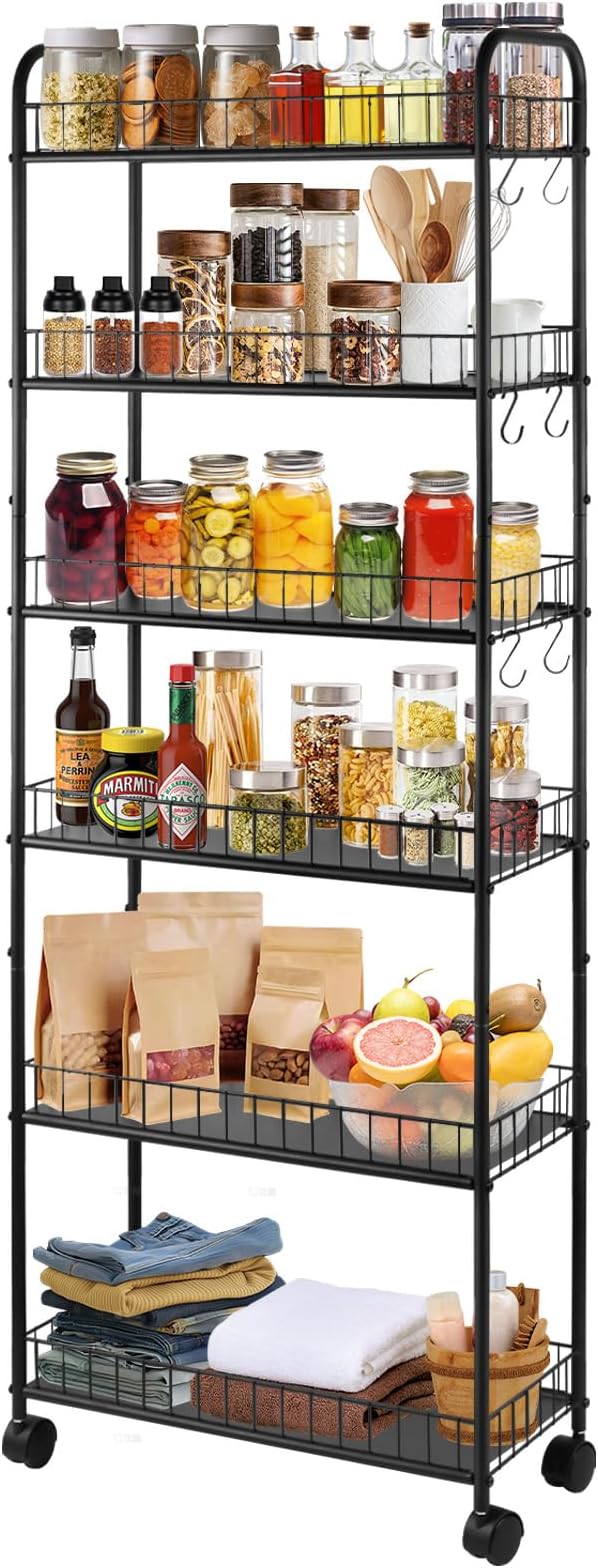 6-Tier Slim Rolling Storage Cart with Wheels, Narrow Metal Organizer Shelf Unit for Kitchen, Bathroom, Laundry, Office, Garage – Black, 10" Wide