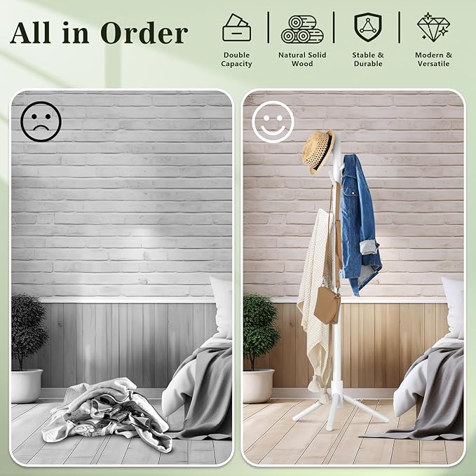 Wooden Coat Rack Freestanding with 8 Hooks,Easy Assembly New Zealand Pine Tree Coat Racks, 3 Adjustable Sizes for Clothes, Hats, Bags, for Entryway, Hallway, Bedroom, Office (White, 2 PCS)