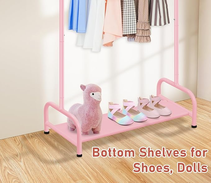 SLEEPING LAMB Kids Clothing Rack, Small Baby Clothes Rack with Bottom Storage Shelf, Kids Dress Up Rack Storage for Coats, Dance Costume Garment Rack for Hanging Clothes, Pink