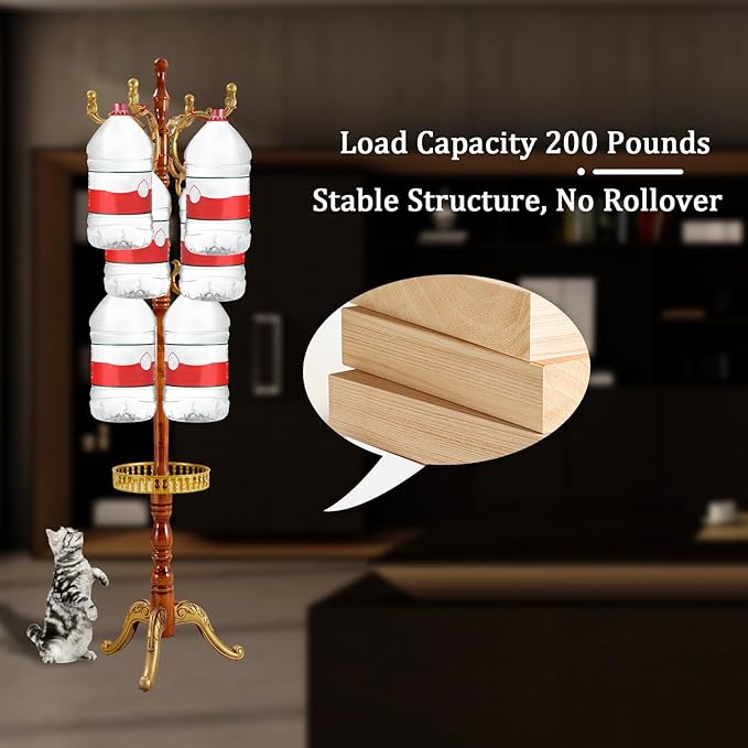 Coat Racks FreeStanding with 14 Hooks, Natural Wood Coat Rack with Solid Round Base, Adjustable Height Coat Racks, Easy Assembly for Hallway, Bedroom and Office (Begonia color-Tray)