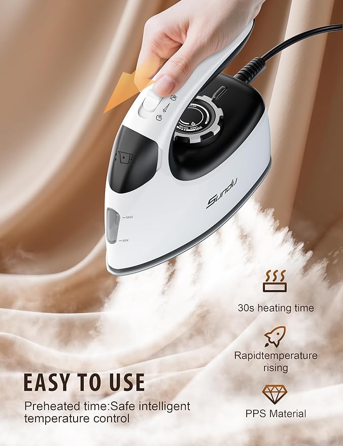 Sundu Small Steam Iron for Clothes, 1000W Travel Iron Portable with Silver Non-Stick Soleplate, 300 Microsteam Holes & 90ml Tank, Lockable Base for Quilting & Sewing (Silver)
