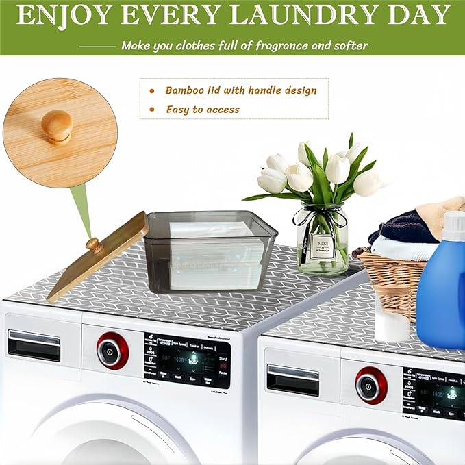Dryer Sheet Holder with Bamboo Lid,Acrylic Laundry Clear Dryer Sheets Dispenser Container Box for Laundry Room Organization and Storage Holds Sheets,Balls,Clothes Pins,Laundry Pods (1 Pcs/2 Labels)