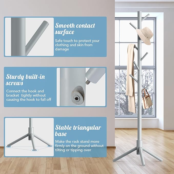 Wooden Coat Rack Freestanding with 8 Hooks,Easy Assembly New Zealand Pine Tree Coat Racks, 3 Adjustable Sizes for Clothes, Hats, Bags, for Entryway, Hallway, Bedroom, Office (Grey, 1 PC)