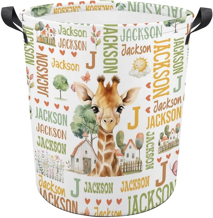 Giraffe Laundry Basket,Custom Laundry Hamper with Name,Personalized Giraffe Gifts for Boys Girls,Customize Collapsible Laundry Basket for Bedroom Bathroom,M-19.5"X 15.7"