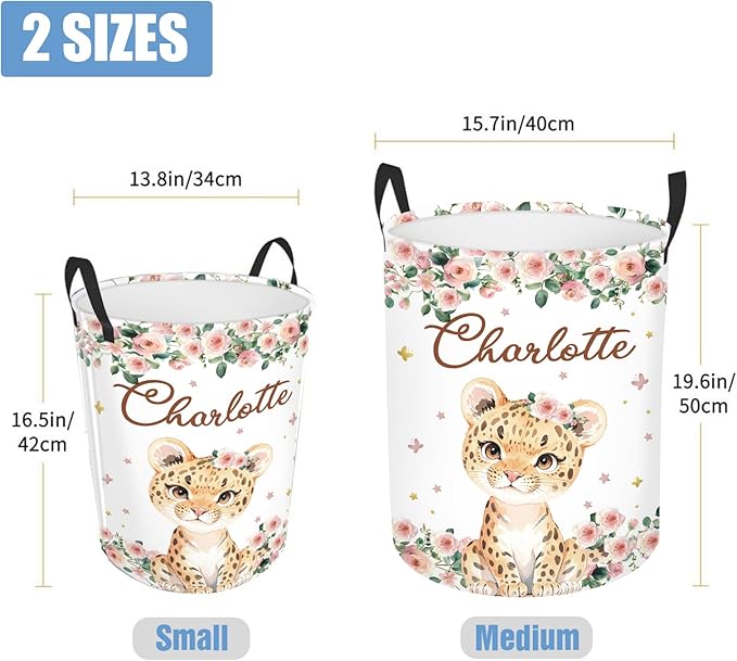 Custom Baby Girl Laundry Basket for Nursery, Personalized Name Pink Lion Baby Laundry Hamper with Handles, Customize Baby Clothes Hamper for Toddler Girls Adults 2 Sizes