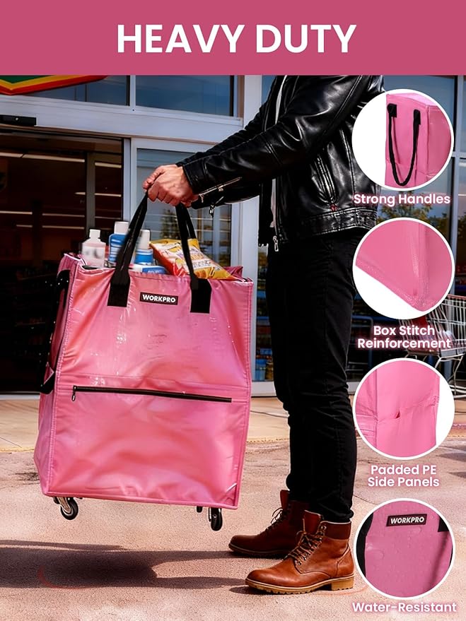 WORKPRO Medium Reusable Grocery Bag on Wheels, Heavy Duty Rolling Shopping Tote with Handle, Folding Trolley on 4 Caster Wheels for Groceries, Laundry, Camping, Moving