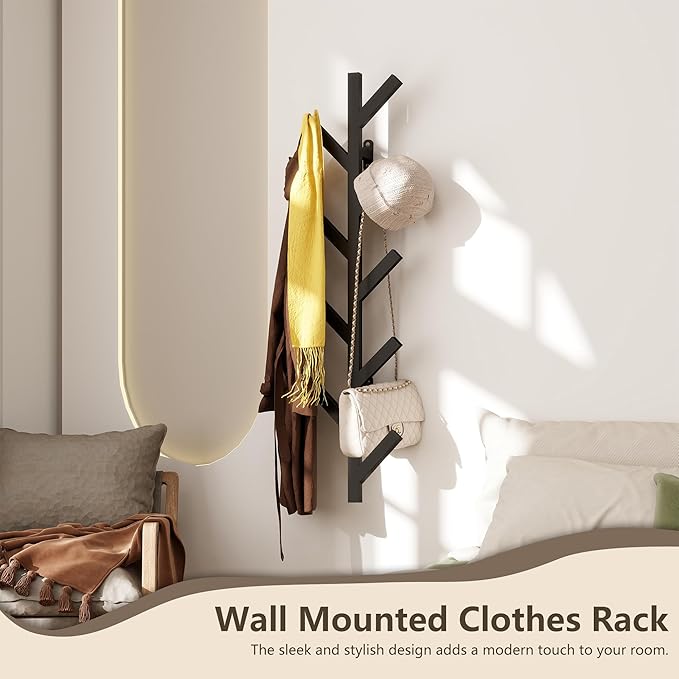 2 Pack Vertical Coat Rack Wall Mounted - 9 Hooks, Coat Hooks for Wall, Modern Metal Coat Tree for Hats, Jackets, Bags, Entryway Bedroom-Black (Height 37.8")