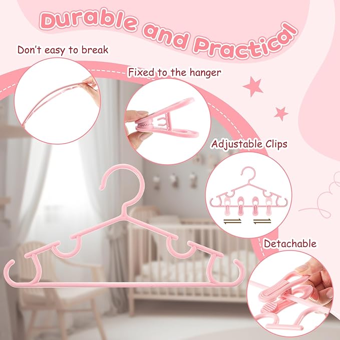 Hsei 5/10/40 Pack Baby Hangers with 10/20/80 Clips, Plastic Kids Pants Hangers for Nursery Closet Top and Bottom Clothes Hanger Set for Newborn Infant Toddler(30 Packs Total,Pink,10.6 Inch)