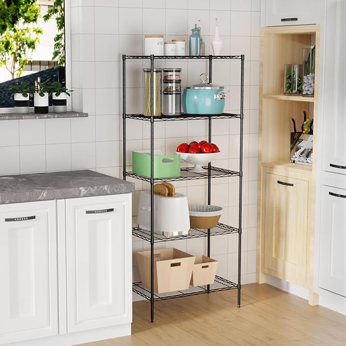 YRLLENSDAN 5 Tier Metal Shelving Unit, Heavy Duty Wire Shelves, Adjustable Storage Rack for Kitchen, Garage Shelving, Pantry Shelves, Storage Shelves Organizer, 24" W x 14" D x 61" H, Black