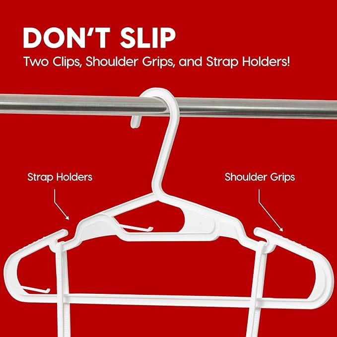 IRIS USA Lightweight Flexible Hangers 50 Pack, Made in USA, Plastic Clothes Hangers with Shoulder Grooves & Accessory Hooks, Dorm Apartment Essentials, Adult Hangers for Light Shirts Clothing, White