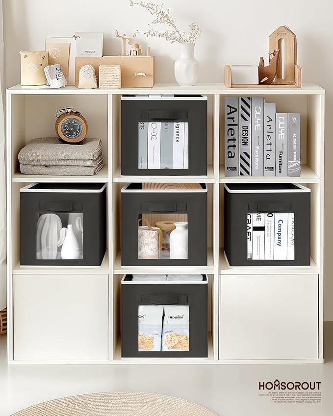 Foldable Storage Cubes - Cube Storage Organizer with Window, Decorative Baskets for Organizing, Fabric Bins for Clothes , 11 inch Black Closet bins, Set of 12, Black