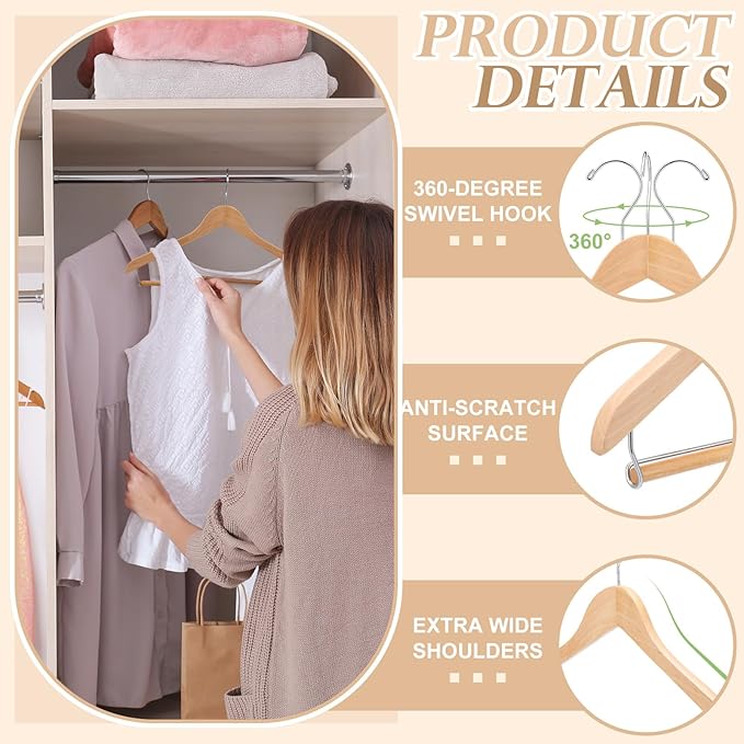 Kathfly 6 Pcs Wooden Suit Hangers with Locking Bar Retro Finish Wood Suit Coat Hangers for Closet Jacket Dress Heavy Clothes, 360° Swivel Hook, Holds up to 20lbs