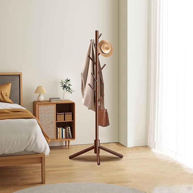 Durable Wooden Coat Rack, Freestanding Coat Rack with Stable Triangular Base, 8 Hooks & 3 Adjustable Heights, Simple Assembly for Bedroom, Hallway, Office(New Brown)