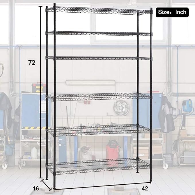 6-Tier Wire Shelving Unit,Adjustable Metal Storage Rack,42" W x 16" D x 72" H,Heavy Duty Black Wire Shelf,1500 lbs Capacity,NSF Certified, Multi-Use Storage Rack for Kitchen, Garage, Pantry, Basement