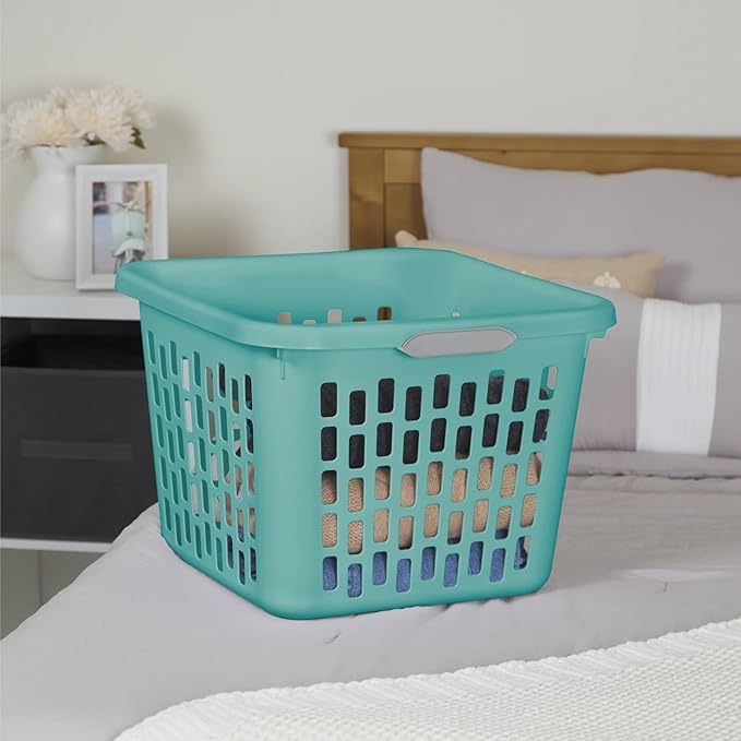 1.5 Bushel Square Plastic Laundry Basket with Two Comfortable Handles, Teal Green