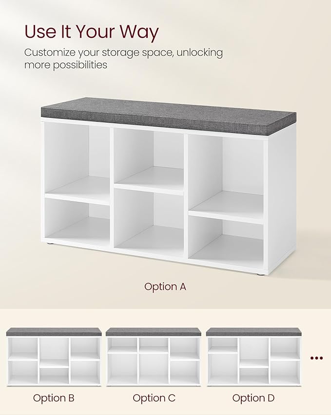VASAGLE Shoe Bench with Cushion, Shoe Storage Bench with 6 Compartments and 3 Adjustable Shelves, Entryway Bench with Padded Seat, for Bedroom, Closet, Living Room, White ULHS23WT