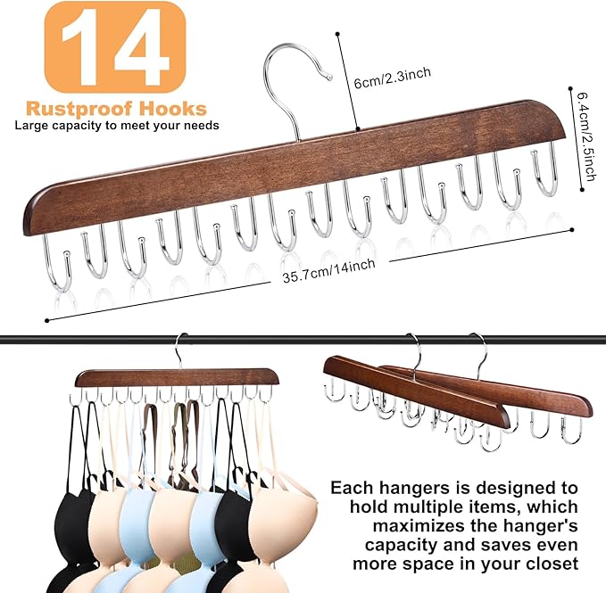 2 Pack Bra Hanger, Wooden Tank Top Hangers with 14 Foldable Hooks, Bra Hanger for Closet Organizer，Premium Wooden Space Saving Hangers Closet Organizers and Storage for Dorm & Apartment (Brown)