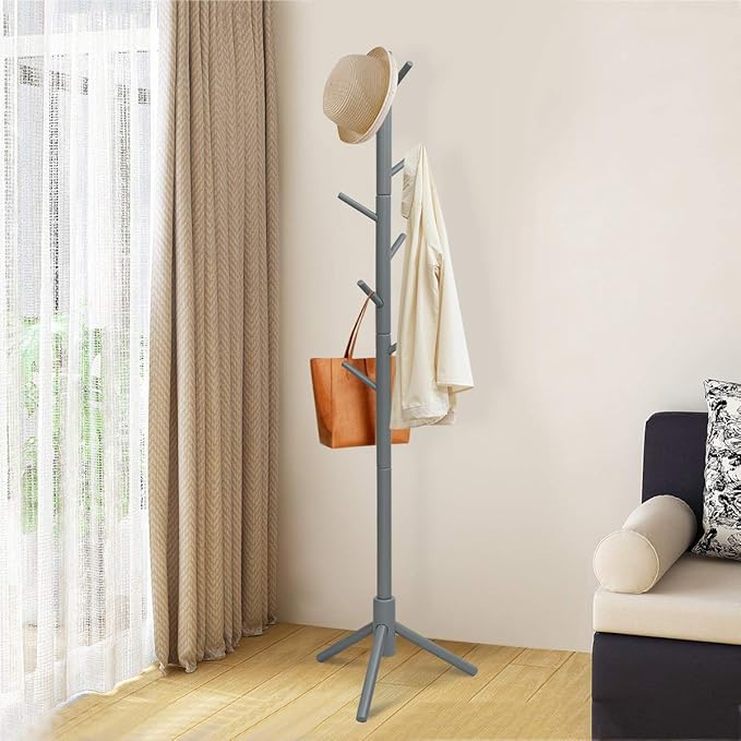 Tangkula Coat Rack Freestanding, Rubber Wood Coat Stand with 8 Hooks, Height Adjustable Entryway Coat Tree Coat Hanger Stand for Home Office Hall Entryway