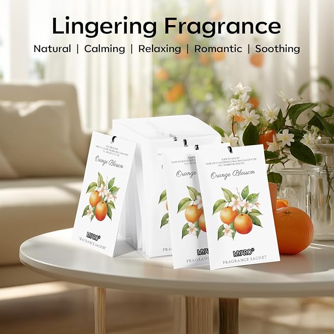 MYARO 12 Packs Orange Scent Sachets for Closet Dresser Drawer Bathroom Odor Deodorizer Car Air Frehener Fresh Home Fragrance