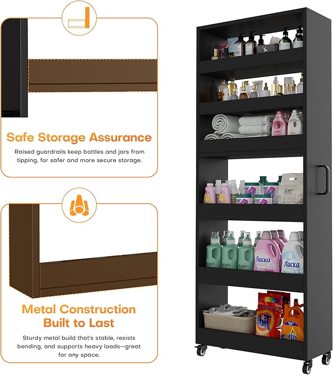 Slim Storage Cart, Lightweight 6 Tier Metal Rolling Utility Kitchen Cart on Wheels, Mobile Storage Shelving Unit Organizer for Bathroom Laundry Office Narrow Places (Black, 10" D)