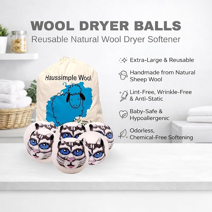 Wool Dryer Balls 6-Pack 100% Natural New Zealand Wool, Handmade in Nepal Reusable Laundry Balls, Faster Drying, Softer Clothes, Anti-Static, Dryer Sheets Alternative (Gray Cat)