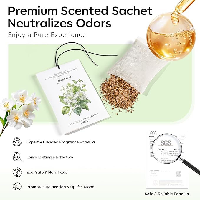 MYARO 12 Pack Jasmine Scented Sachets for Drawer, Closet & Small Spaces Air Freshener Bags, Odor Eliminator for Car, Shoes, Bathroom Home Fragrance Gift Set