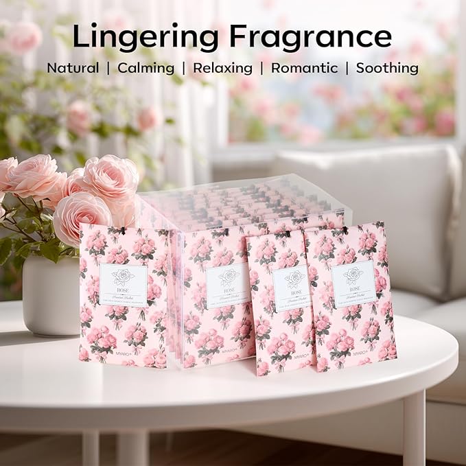 MYARO 20 Pack Rose Scented Sachets for Drawer, Closet & Car - Fresh Air Freshener Bags Home Fragrance, Odor Eliminator for New House Small Storage Space & Travel Luggage