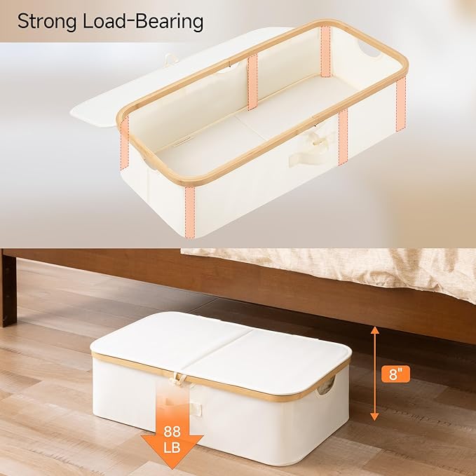 StorageWorks 2-Pack Underbed Storage Box with Bamboo Frame, 42L Flip-Top Under Bed Container for Blankets, Bed Sheets, Coverlets and Towels, Beige