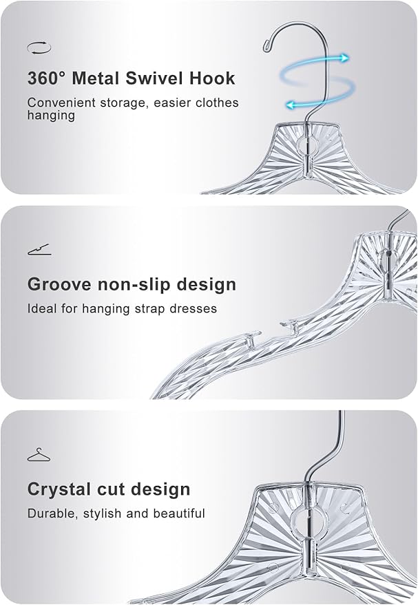 Clear Plastic Hangers 23 Pack - Crystal Cut Hangers for Clothes - Nonslip Coat and Shirt Hangers - Heavy Duty HangersInvisible Dress Hangers for Suits