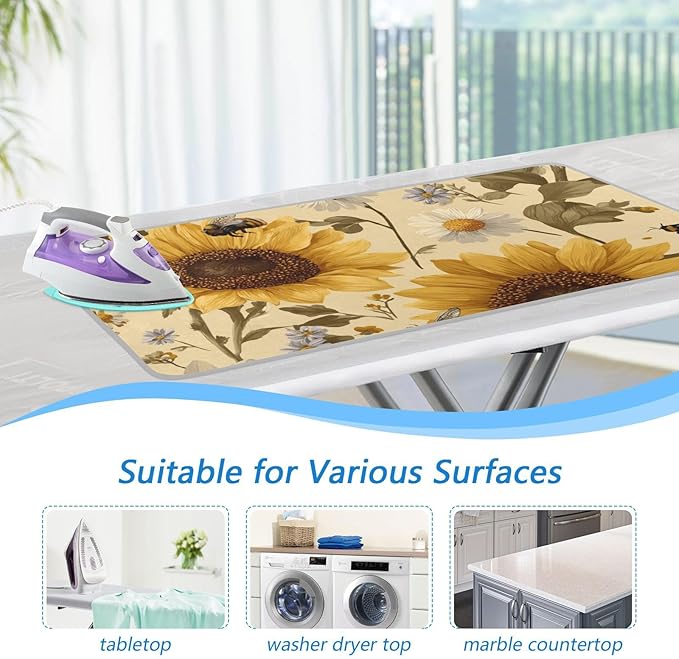 Ironing Mat Pad for Table Portable Travel Iron Blanket Ironing Board Covers Pressing Mat Heat Press Pads 27.6x47.2 Inches Beige Sunflowers and Daisy Bees32