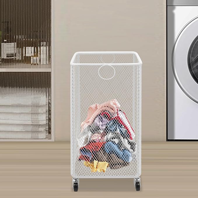 Laundry Basket on Wheels, Large Rolling Laundry Hampers, Stackable Storage Cart with Handles Removable Wire Organizer Baskets Clothing Sorting Rack (White, Square)