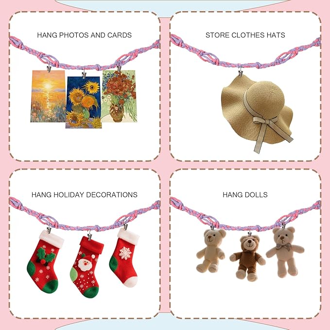 80" Cotton Hanging Storage Chain For Stuffed Animals Storage with 20 Metal Clips, Stuffed Animal Organizer Chain for Wall Corner Nursery Play Room, Rainbow