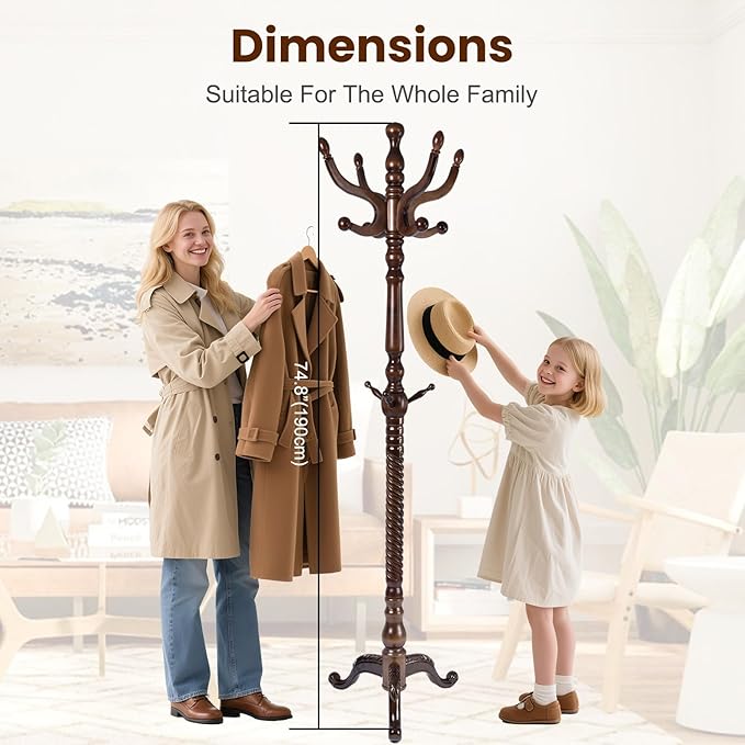 Freestanding Coat Rack with 11 Hooks, Sturdy Wooden Hall Tree for Entryway, Heavy-Duty Tri-Legged Base Hall Tree for Bags, Purses, Hats,Easy Assembly for Corner, Bedroom (T42 Triangle Brown)