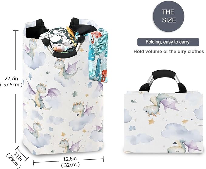 xigua Watercolor Dragon Large Laundry Hamper with Handle, Foldable Clothes Hamper Collapsible Storage Basket for Toys and Clothes Organization in Bedroom, Bathroom, and Laundry Room