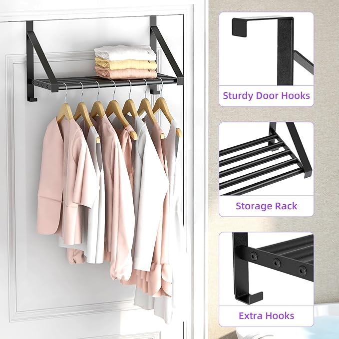 Over The Door Clothes Hanger with 2 Hooks, Stainless Steel Over The Door Hangers for Clothes with Storage Rack, Clothing Hanger Drying Racks for Laundry, Washroom, Fits Door Up to 1.77", Matte Black
