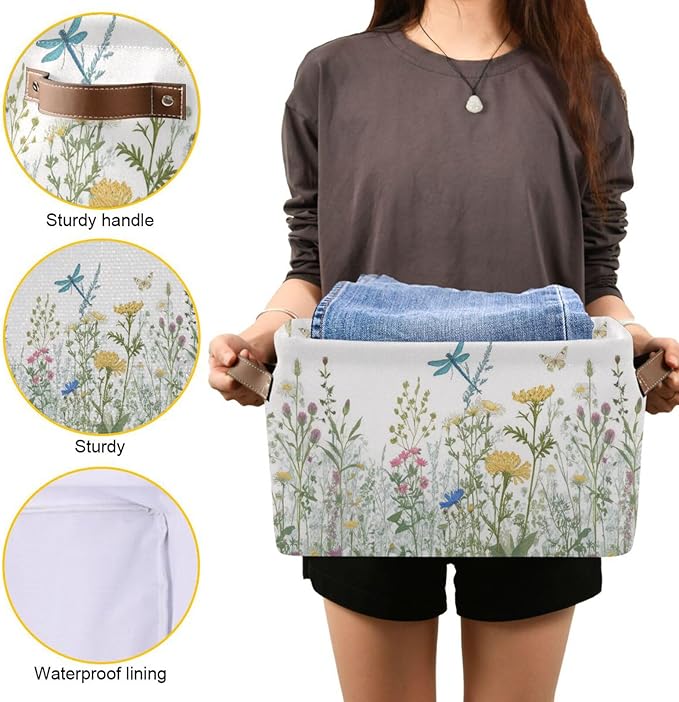 Colorful Herbs And Flowers Storage Baskets,Decorative Collapsible Rectangular Canvas Fabric Storage Bin for Home