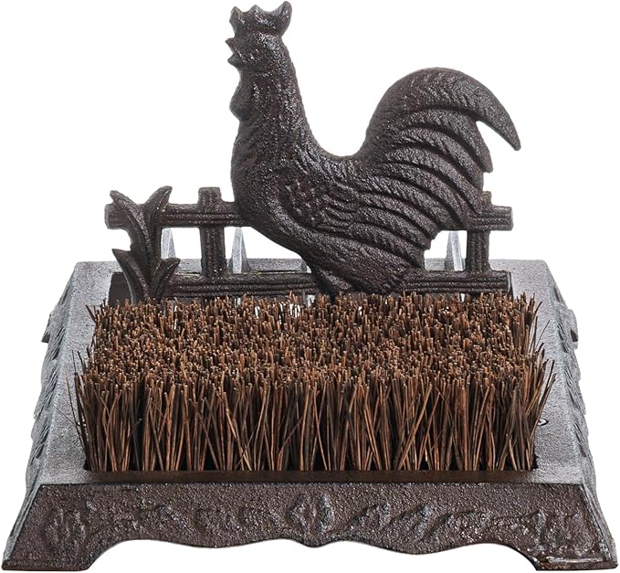 FARM IN Farmhouse Shoe Brush Scraper Outdoor Rustic Heavy Duty Cast Iron Boot Scraper with Brush for Home Porch Garden with Barn Rooster Design