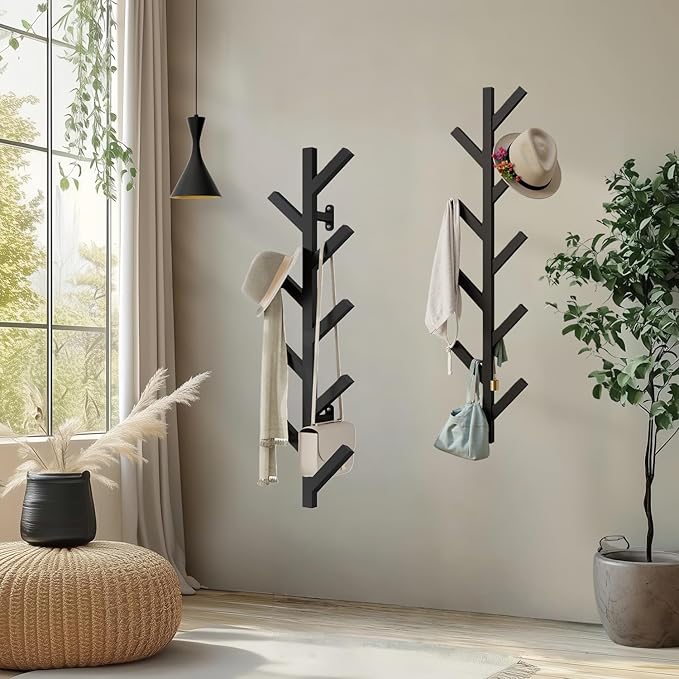 2 Pack Vertical Coat Rack Wall Mounted - 9 Hooks, Coat Hooks for Wall, Modern Metal Coat Tree for Hats, Jackets, Bags, Entryway Bedroom-Black (Height 37.8")