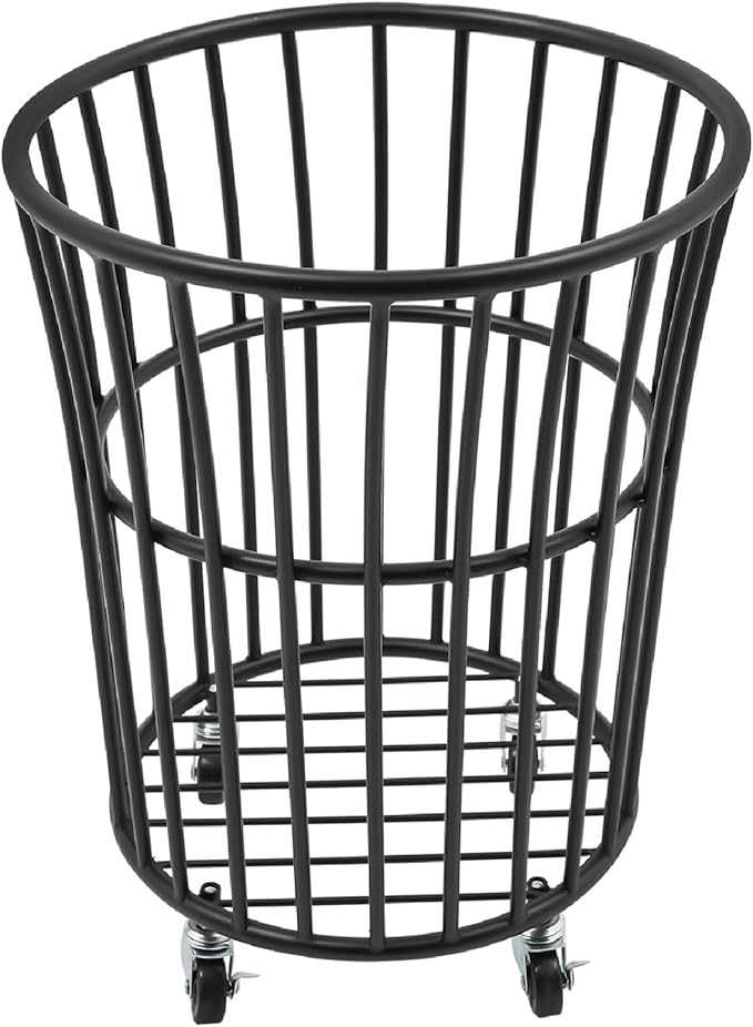 Rolling Laundry Basket Cart, Metal Laundry Hamper with Wheels, Laundry Organizer Basket Cart, Clothes Storage Organizer Hamper for Living Room,Bathroom,Closet (Black, Round Barrel Shape)