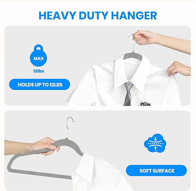YSSOA Velvet Hangers 60 Pack, Non-Slip Clothes Hangers with Shoulder Notches, 360° Swivel Hooks, Heavy Duty Standard Hanger for Closet Space Saving, Grey