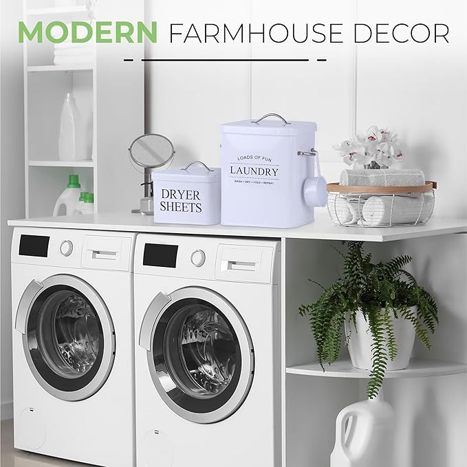 2 Pack Laundry Detergent Container and Dryer Sheet Holder Dispenser with hermetic seal,Farmhouse Laundry Room Organization Containers, Large Metal Laundry Detergent Powder Storage with Scoop