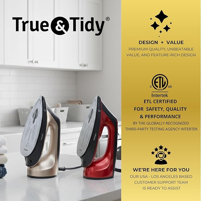 True & Tidy DuoPress XL 2-in-1 Clothes Steamer & Iron, 1600W Powerful Turbo Steam, Large Ceramic Plate, Smart Temperature Control, 3 Steam Modes