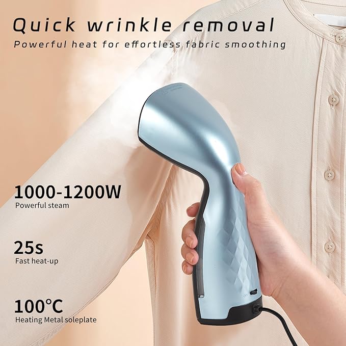 Travel Garment Steamer，25s Fast Heat，Handheld Portable with Metal Steam Head, Removes Wrinkles from Clothes，Fabrics，and Garments，Metallic Blue