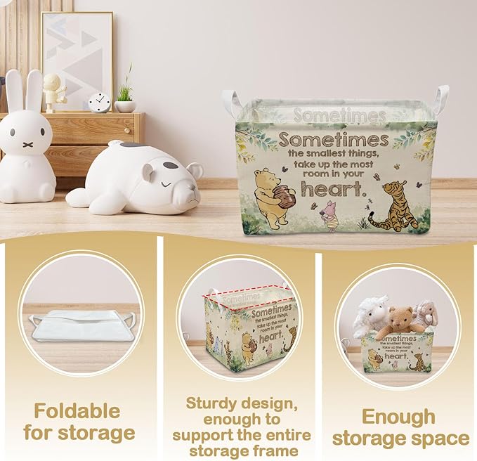 Vintage Winnie Nursery Hampers with Handles, the Pooh Storage Basket Decor, Winnie Baby Nursery Hamper Decor, Foldable Canvas for Bathroom and Bedroom SetClothes,Toys Bin