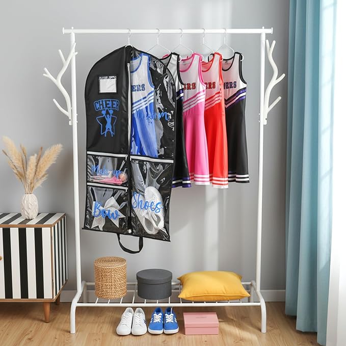 DEEKA Cheer Garment Bag for Hanging Clothes with Zipper Pockets Cheer Accessories Mom Essentials Uniform Costume 40 Inch Black Bags Stuff for Cheerleading Girls (Black,Blue-Cheer Star Logo)