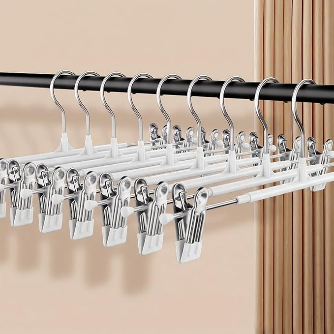 Pants Hangers with Clips 30 Pack Adjustable Non-Slip Heavy Duty Skirt Hangers, Space Saving Clothes Hangers for Jeans, Trousers, Shorts, Slacks, Dresses - 12 Inch, White
